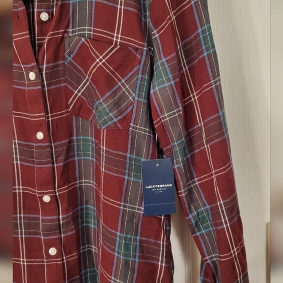 Lucky Brand NWT women's burgendy & greens plaid long sleeve button shirt sz XS - Picture 10 of 14